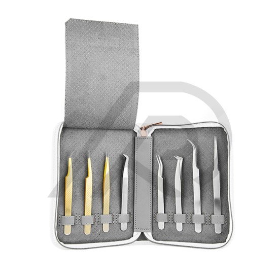 Gold and chrome eyelash tweezers 8 pieces set