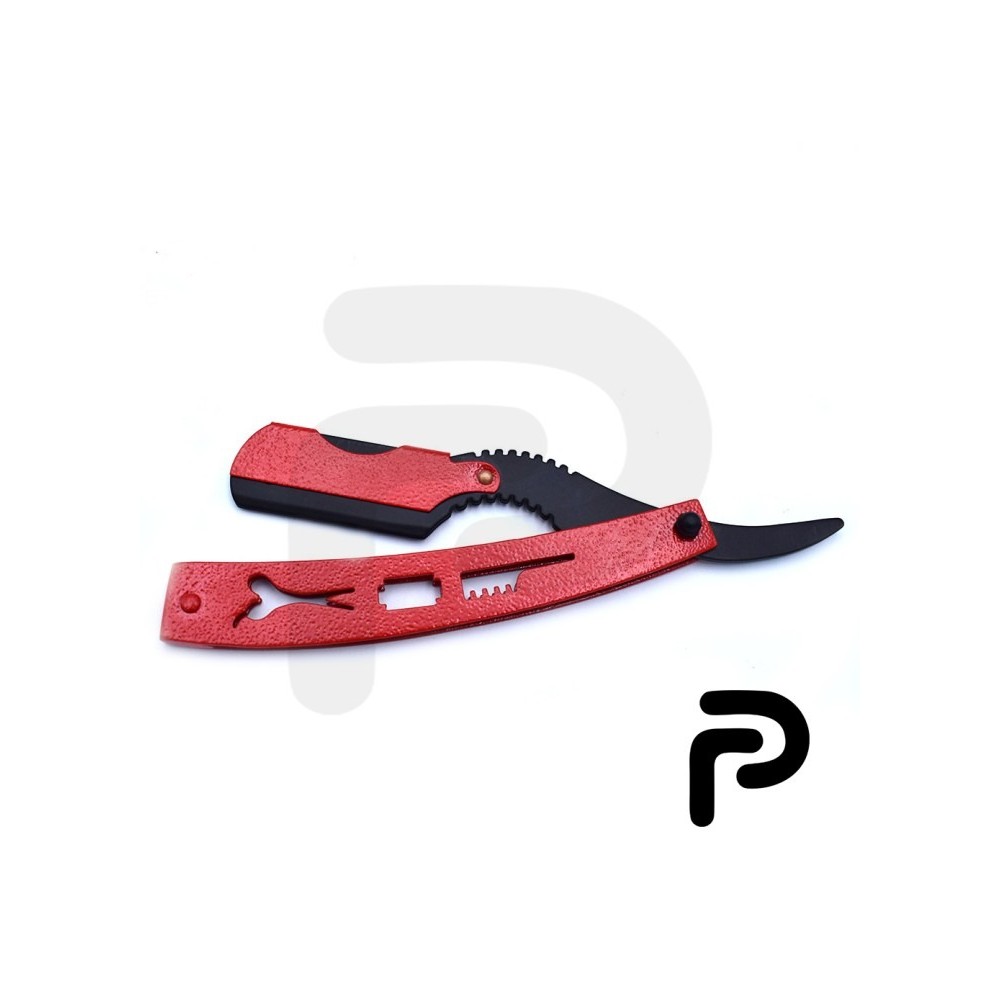 Red and black straight razor with packing