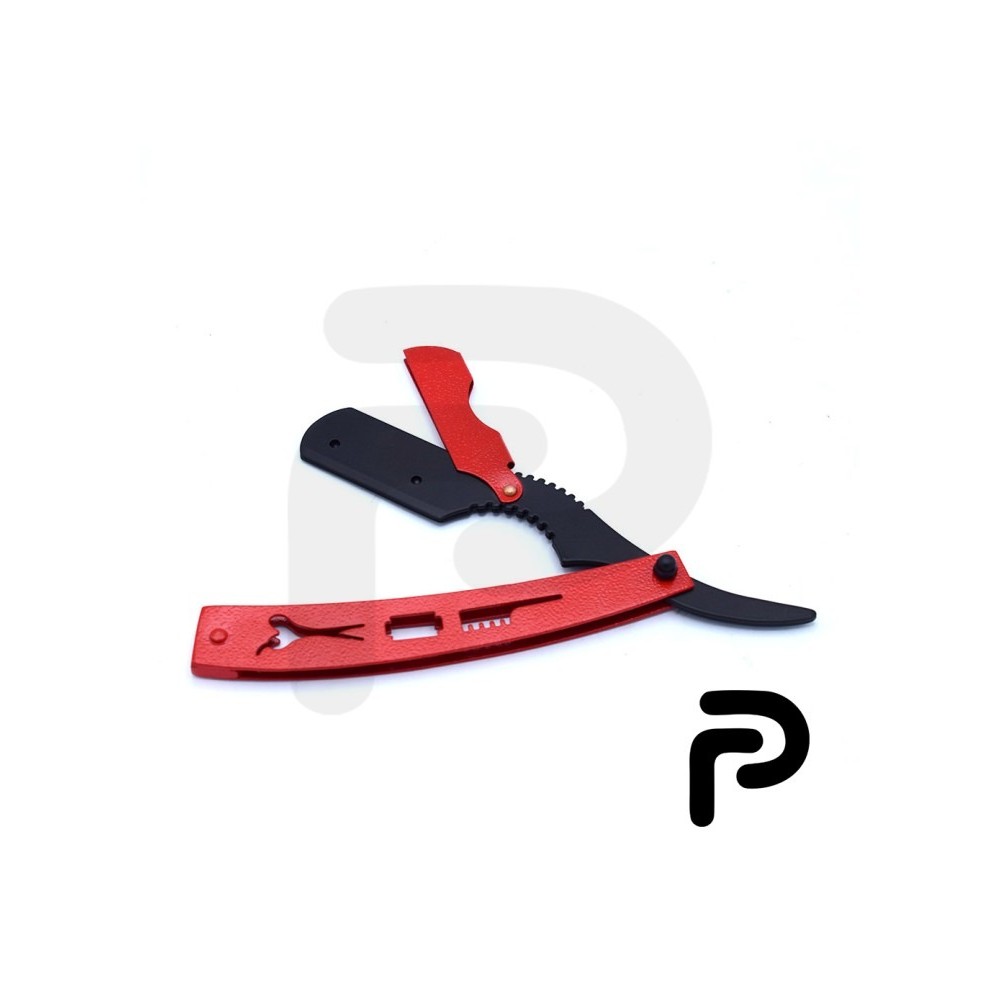 Red and black straight razor with packing