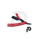 Red and black straight razor with packing