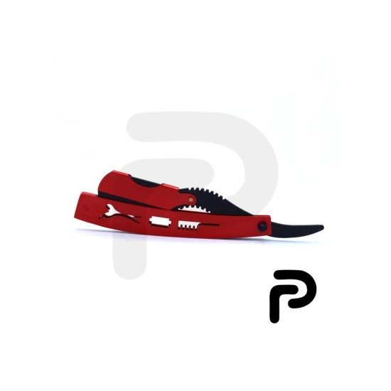 Red and black straight razor with packing